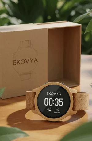 Smartwatch, bamboo and cork, solar-powered, natural material, long battery life, green tech wearable, environmentally friendly smart device.