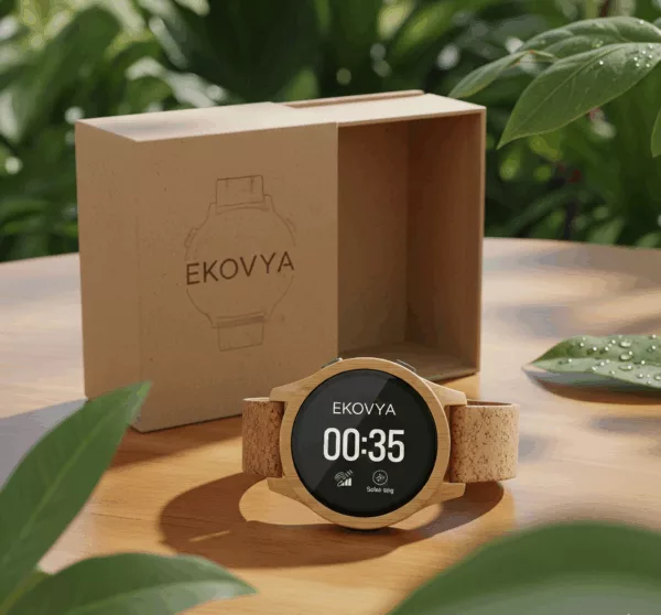 Smartwatch, bamboo and cork, solar-powered, natural material, long battery life, green tech wearable, environmentally friendly smart device.